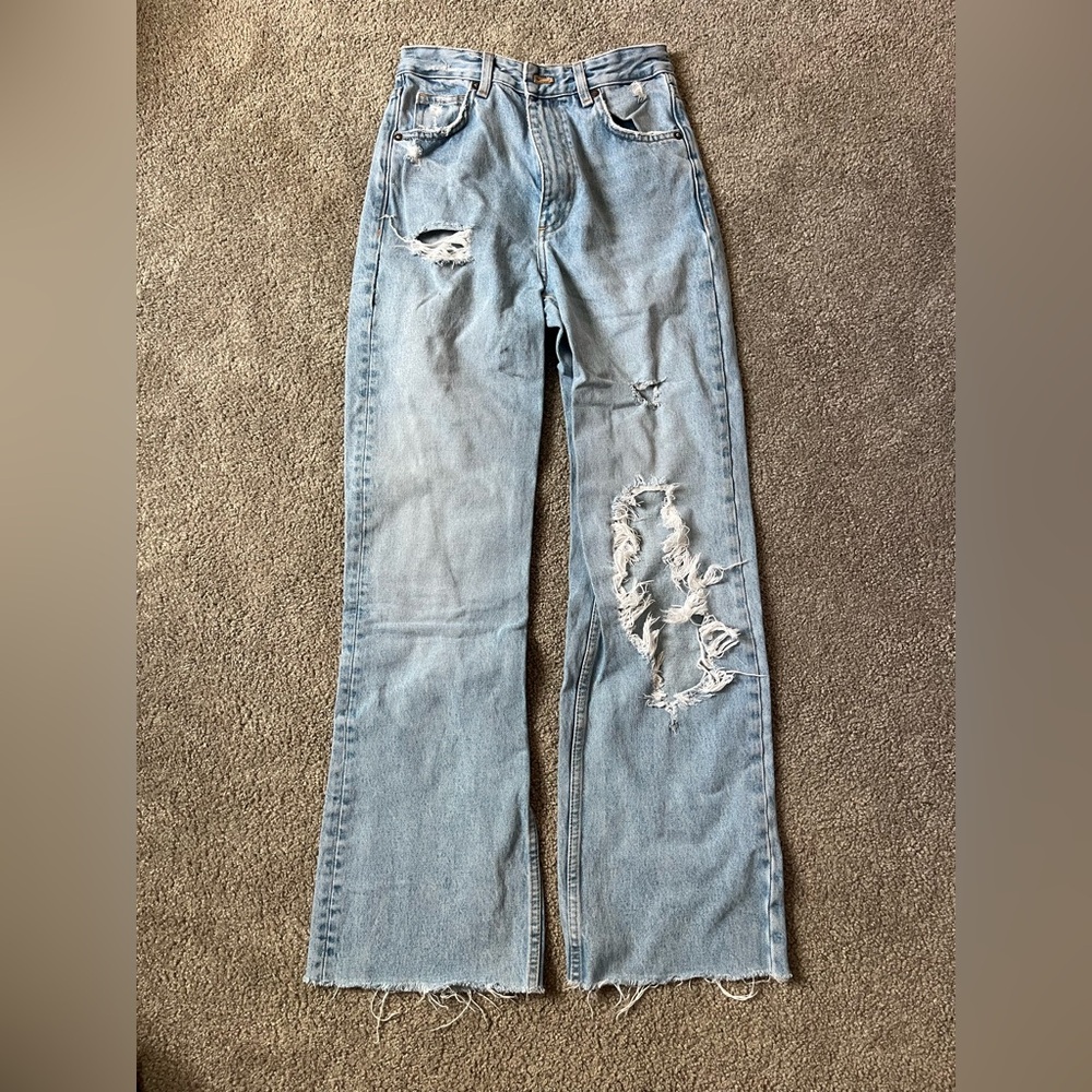 Zara Light Blue Distressed Flare Jeans